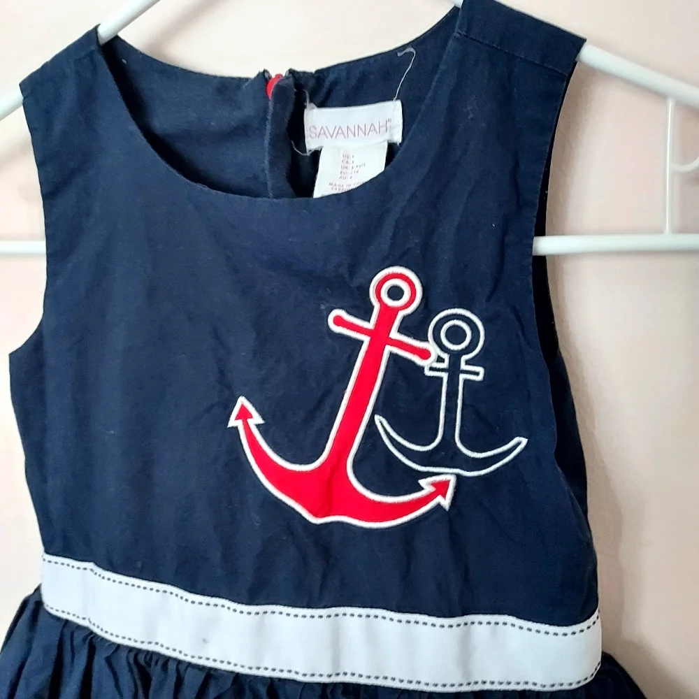 Savannah Navy Sailor Anchor Cotton sharkbite hem dress size 6 Nautical Coastal